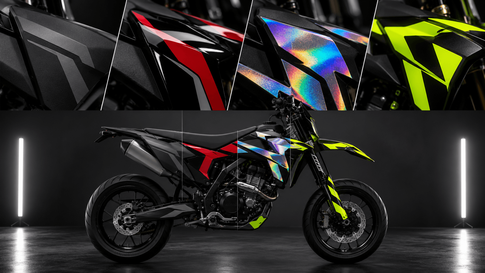 Motorcycle graphics kit: matte, glossy, glitter, holographic or fluorescent?
