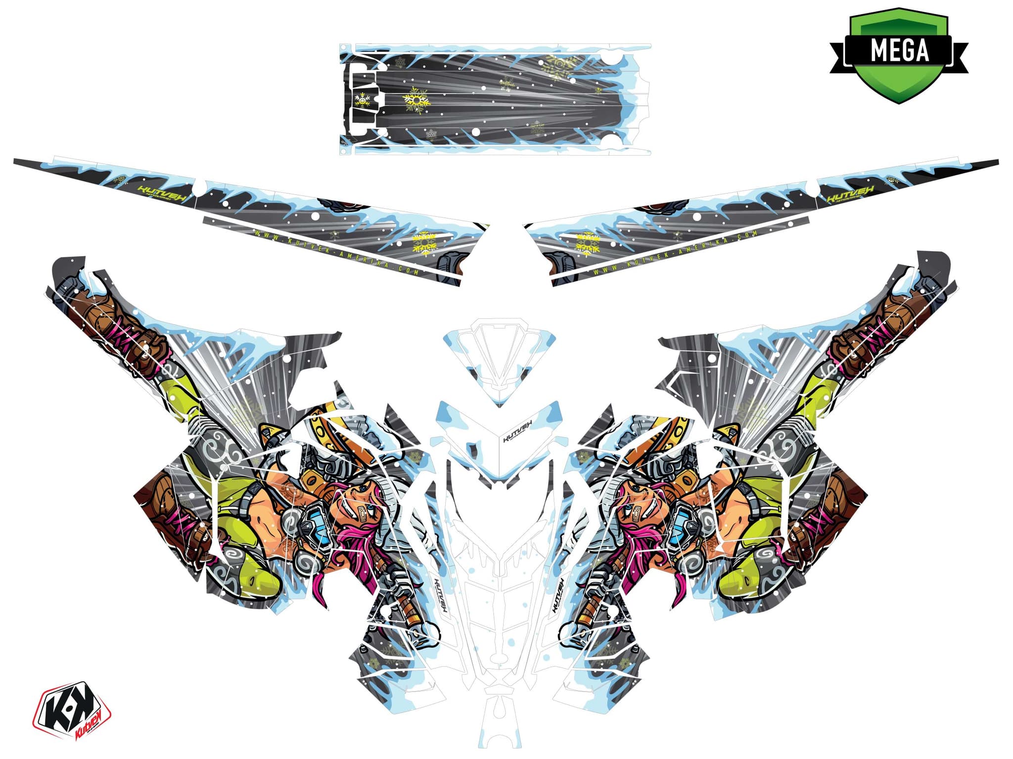 Graphic Kit Snowmobile Polaris RMK Pro Axys Xena Grey-Yellow | Polaris | Kutvek - View 4